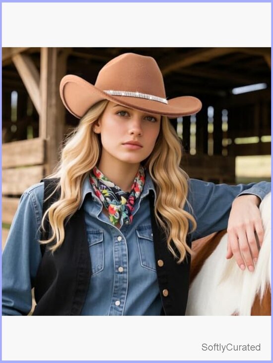 Classic Felt Wide Brim Cowboy Hat with Rhinestone Band Unisex